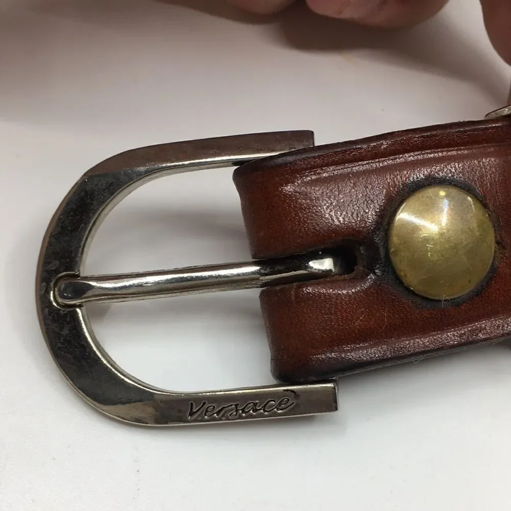 Vintage Cabelas cowhide leather belt brass grommets silver tone buckle Sz 32